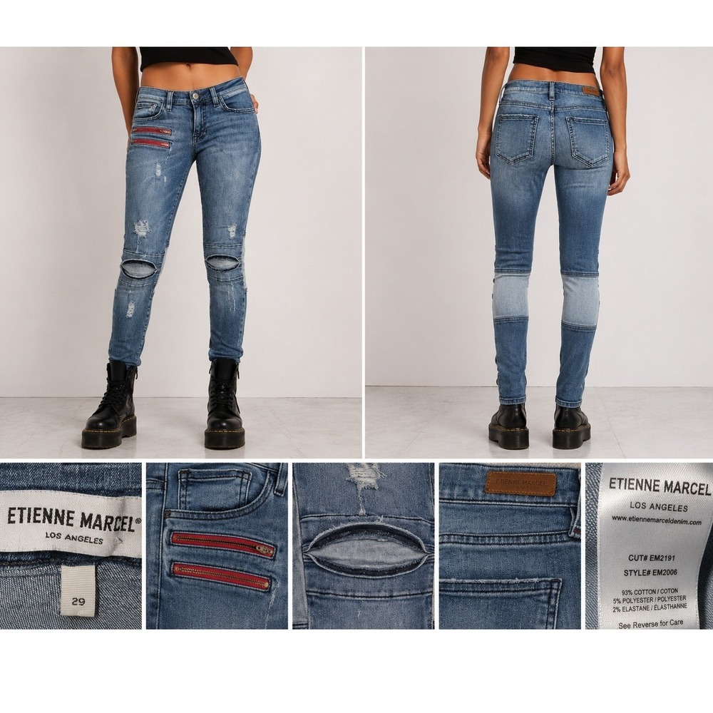 Etienne Marcel Jeans W 29 Moto Distressed Skinny Biker Red Zip Denim Streetwear